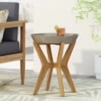 Outdoor Combined Material Side Table, Concrete and Acacia Wood Craft Accent Table for Patio Garden, Light Gray
