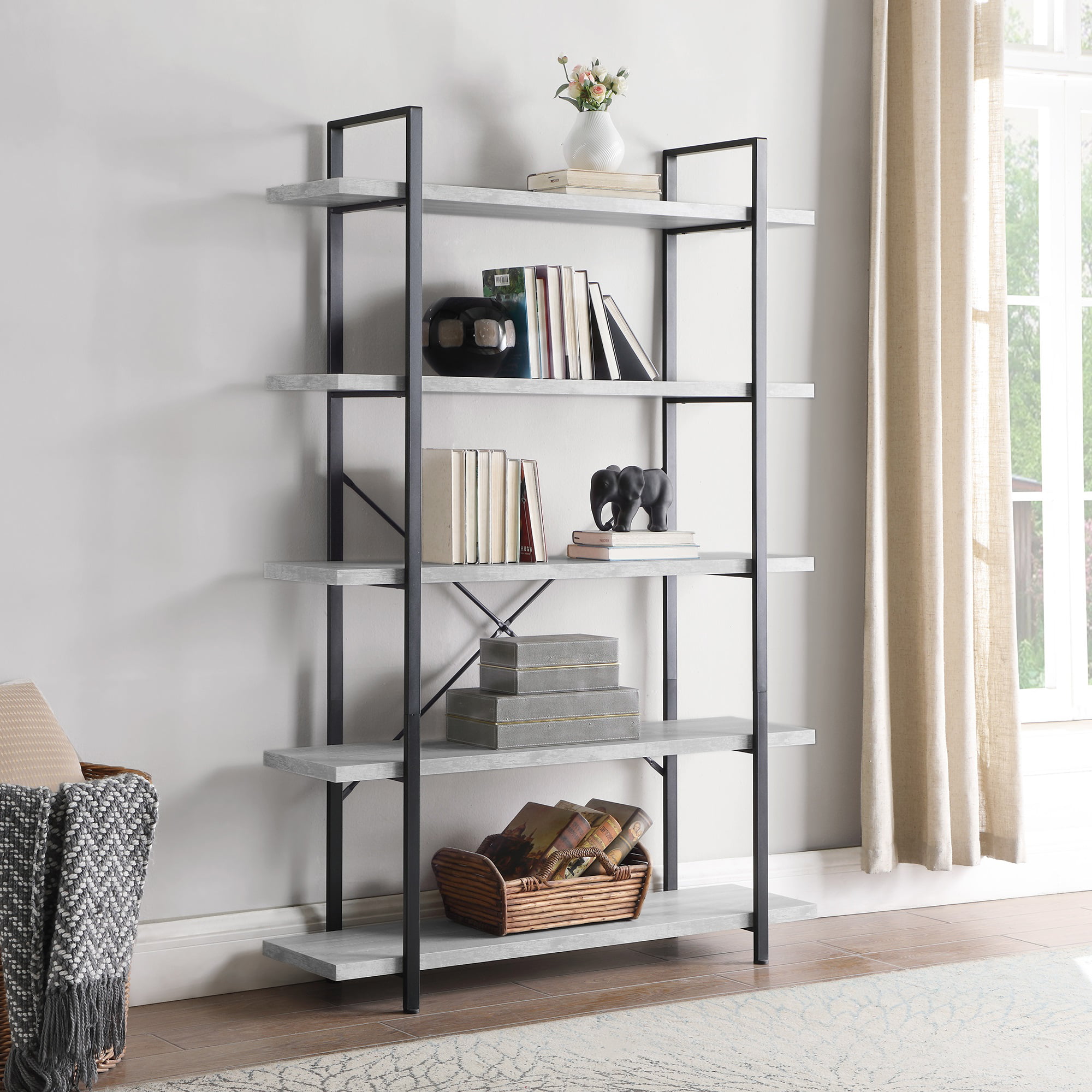 Belleze 5 Tier Industrial Bookshelf, Tall Industrial Bookcase For Living Room