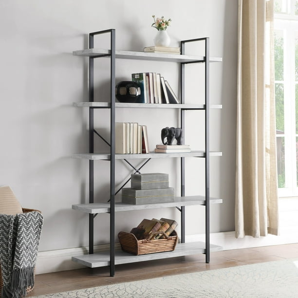 Belleze 5 Tier Industrial Bookshelf, Tall Industrial Bookcase Gray