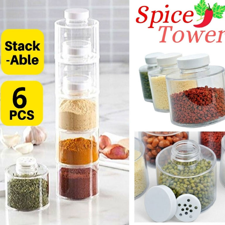 Fyrome 6 Bottles Clear Spice Tower Bottle, Stackable Spice Jars Containers  Seasoning Organizer for Kitchen 