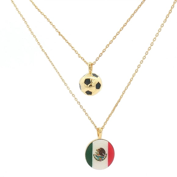 Cyra | Collar Doble para Mujer con Dijesde Bandera de México y balón Fabricado en Chapa de Oro y esmaltado, Color Dorado