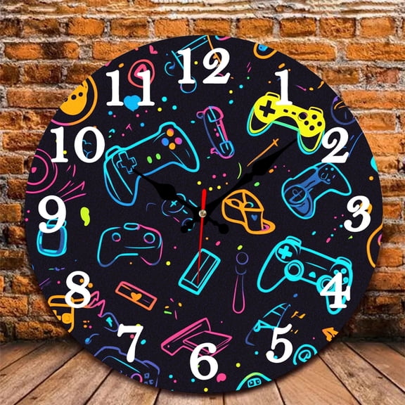 12 Inch Wall Clock, Gamethemed Clock Wooden Round Wall Clocks with Silent Non-Ticking Quartz Movement, Battery Operated, Art Decor Hanging Clock for Kitchen, Bathroom, Bedroom, Living Room