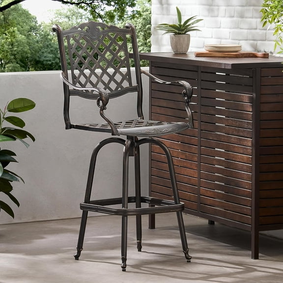 LJAN Outdoor Cast Aluminum Bar stool, With a classic diamond lattice design, legs, and rolled armrests, our barstool brings a regal style to any outdoor space