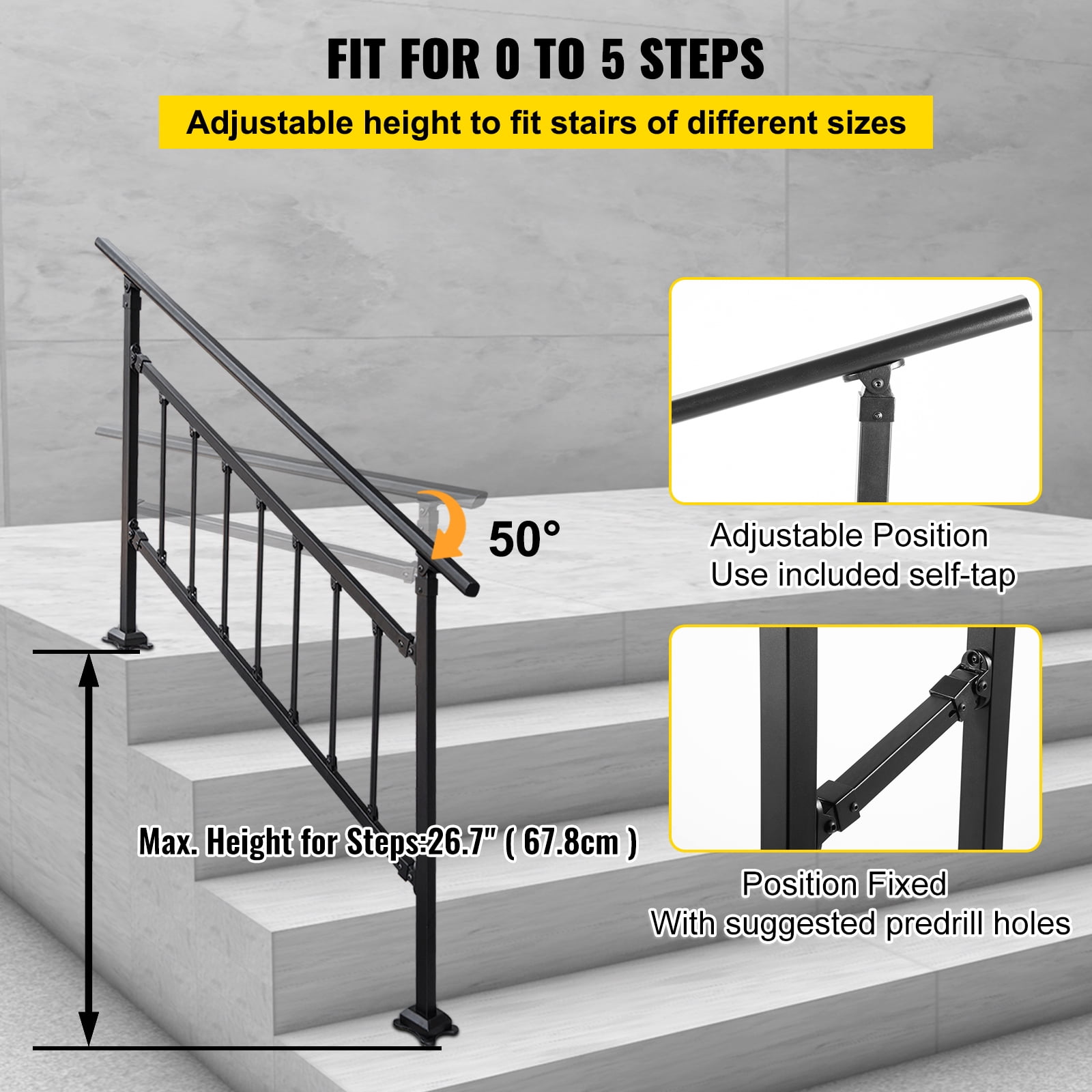 4 ft. Handrails for Outdoor Steps Fit 4 or 5 Steps Outdoor Stair Railing  Wrought Iron Handrail with baluster, Black