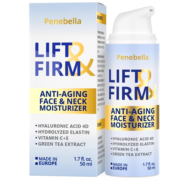 PENEBELLA New Lift & Firm Crema antienvejecimiento para rostro y cuello - Fabricada en Europa - Hidratante antiarrugas reafirmante y lifting con ácido hialurónico Elastina Vitamina C+E Jojoba Babassu