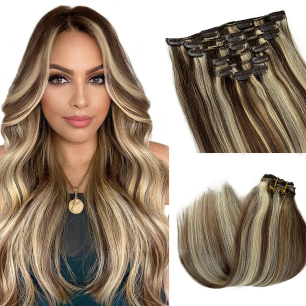 Extensiones de cabello con clip, marrón medio, rubio blanqueado mixto, 20 pulgadas, 7 piezas, extensión de cabello humano real, clip en doble trama, marrón invisible con clip resaltado rubio en extens