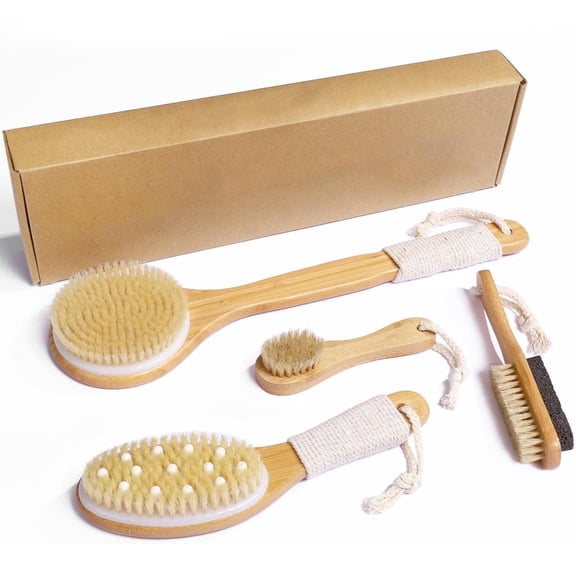 Dry Brushing Body Brush Set, 4-Piece Natural Boar Bristle Bamboo Brushes for Body, Face and Foot with Long Handle Back Scrubber for Skin Exfoliating
