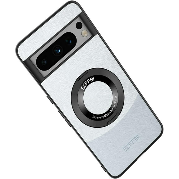 Magnetic Case for Google Pixel 8A Case with Kickstand & Ring Stand, [Compatible with MagSafe] Vegan Leather Non-Slip Enhanced Grip Military Grade Shockproof Camera Lenses Case, Silver