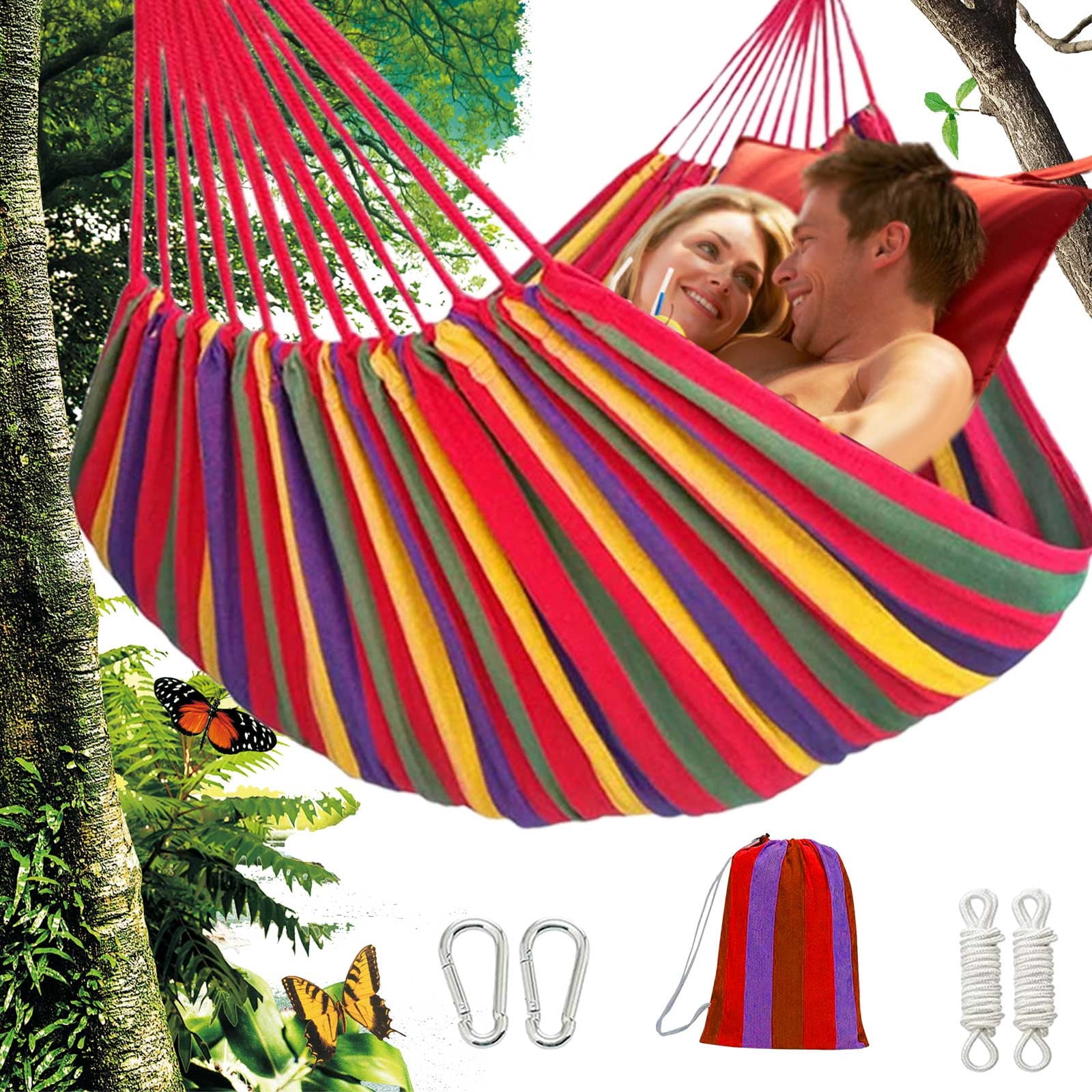 Kabnic Brazilian Double Hammock for 2 People, Extra Large 660lbs Capacity, Canvas Cotton Hammock for Camping, Patio, Porch, Garden, Backyard - Includes Travel Bag & Tree Straps
