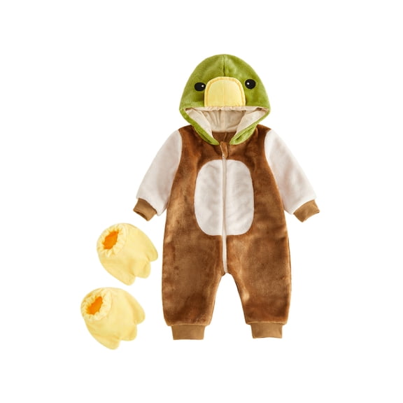RUINIXCW Toddler Baby Boy Girl Duck Costume Newborn Infant Halloween Animal Costume Warm Fall Winter Plush Jumpsuit Outfit Long Sleeve Hood Zip Up Romper Snowsuit Foot Covers