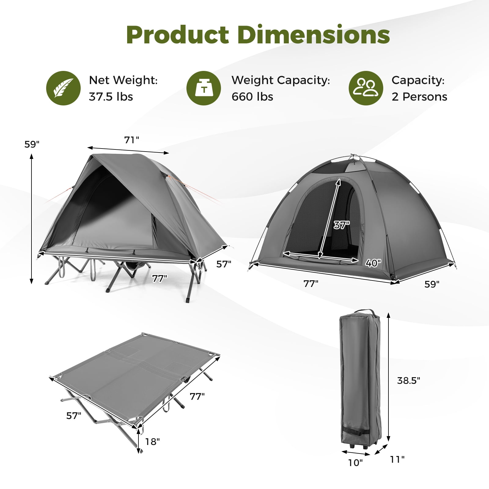 Gymax 2-Person Camping Cot Combo Off-Ground Travel Cot Tent w/Pop-up Tent Shelter