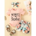 thumbnail image 3 of Baby Girl Summer Set Letter Print Short Sleeve Romper with Floral Pattern Ruffled Belted Shorts and Headband, 3 of 8