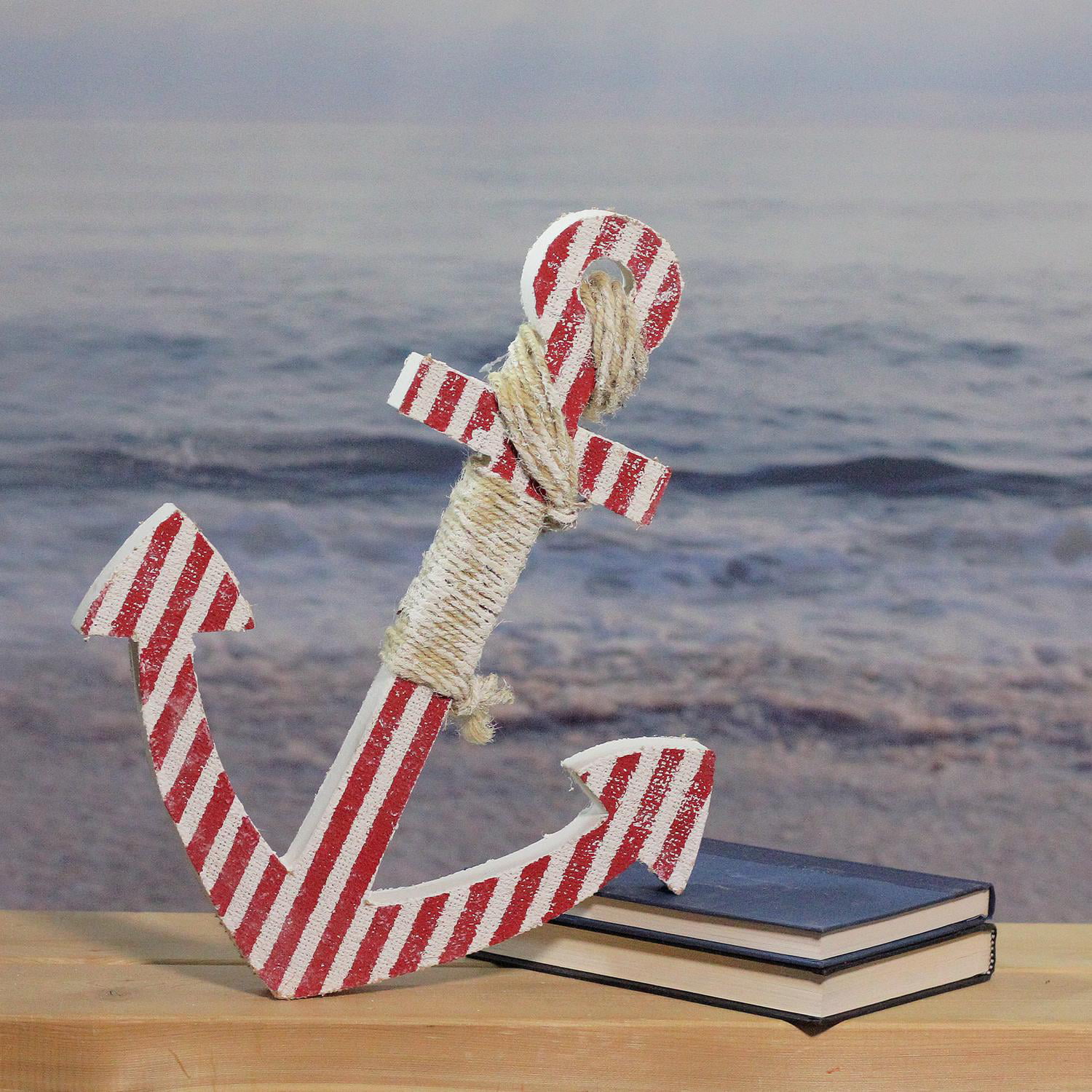 16 Red and White Striped Nautical Hanging Anchor with Rope Wall Art