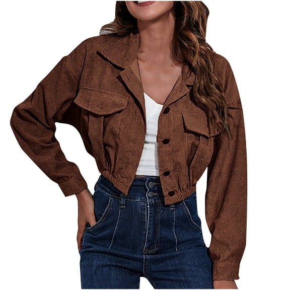 asdoklhq Womens Plus Size Coats Clearance Ladies Fashion Solid Color Corduroy Jacket Drop Shoulder Long Sleeve Short Coat