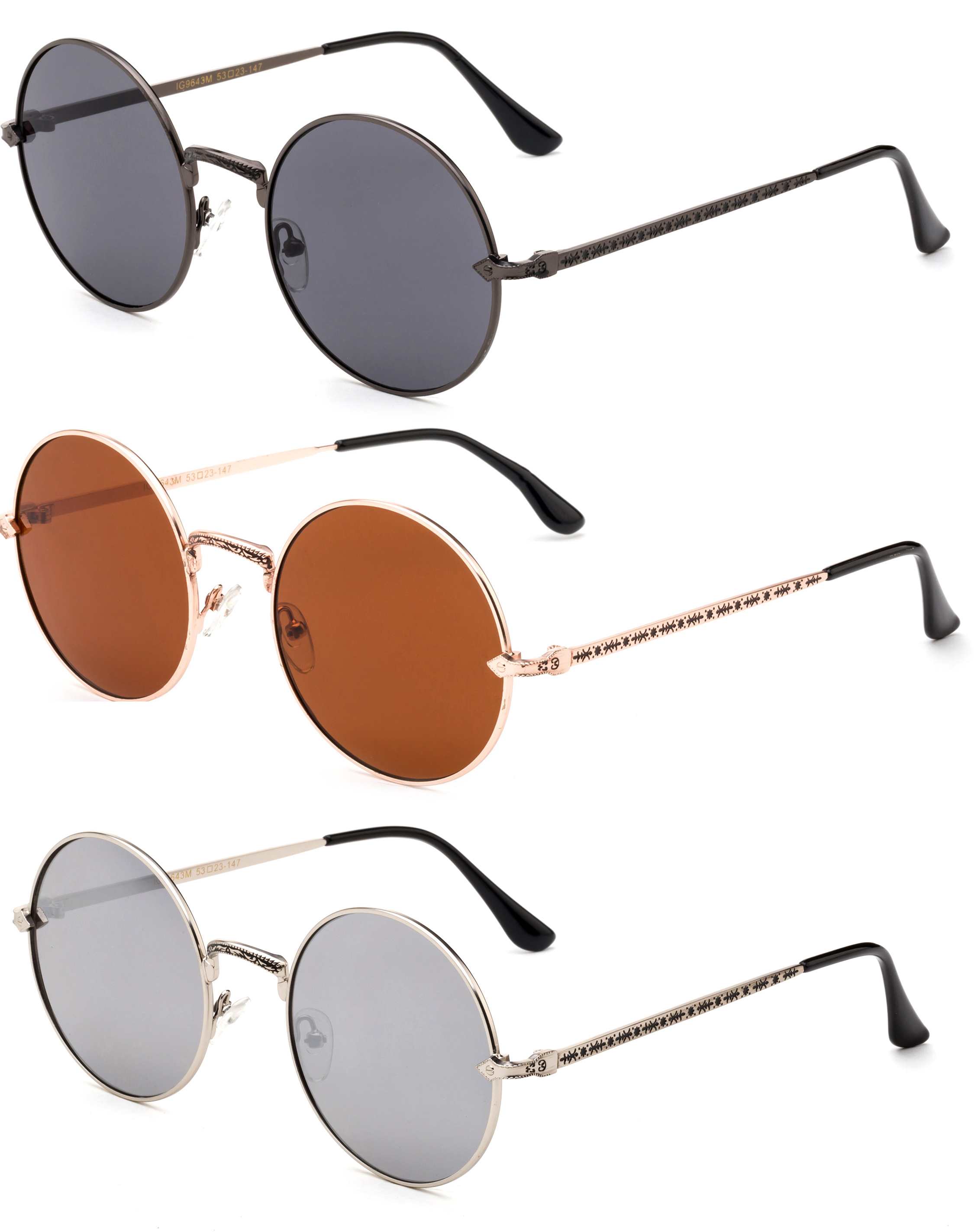3 Pack Round Metal Frame Circle Rim Fashion Sunglasses for Women for Men, Gunmetal, Brown & Flash Mirror - image 2 of 2