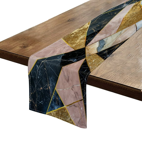 BaHomeck Table Runner 13*72 In,Set Of 1 Pattern Of Geometric Shapes In Black And Gold Marble High Density Cotton Linens Machine Washable Table Runner For Kitchen Dining Table Coffee Table Decor