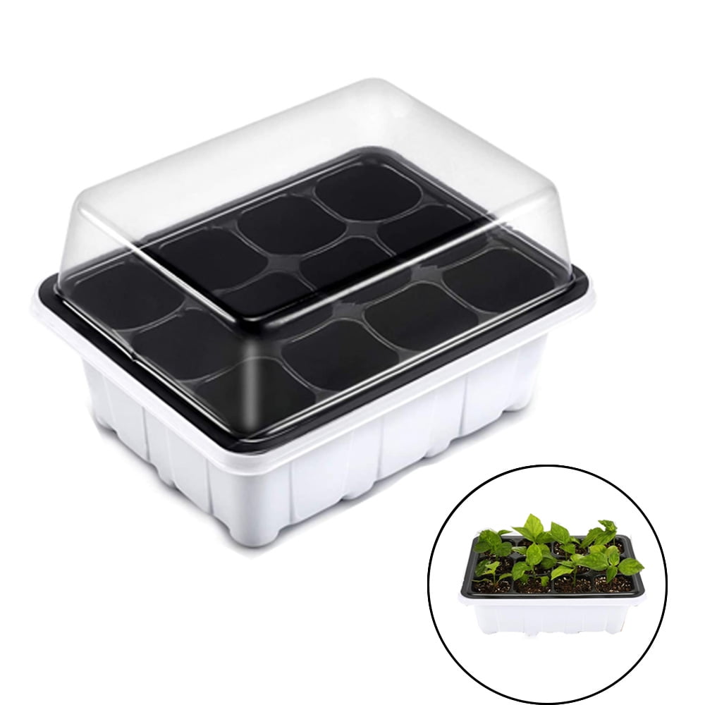 ADIBY 5 Pack Earlygrow Propagator Seed Starter Trays with Grow Light Plant Starter Kit Propagator Heated 12 Holes Greenhouse Germination Equipment with Plant Label and Small Garden Tools 