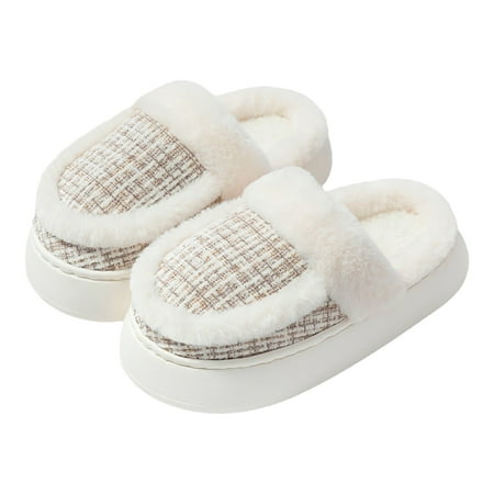 

Xfvqtps Womens Plush Slippers Fluffy Plush Plaid Thick Bottom Fashion Memory Foam Non Slip Warm Cotton Shoes Thermal Slippers Soft and Comfortable Furry Fleece Lined Home Bedroom Slippers White