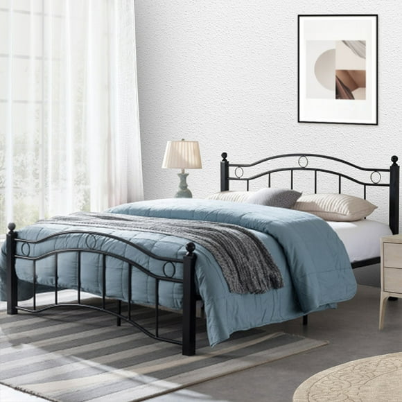 Farmhouse King Size Metal Bed Frame with Vintage Iron-Art Headboard and Footboard, Easy Assembly, Underbed Storage, Perfect for Large Bedrooms or Guest Rooms, Black