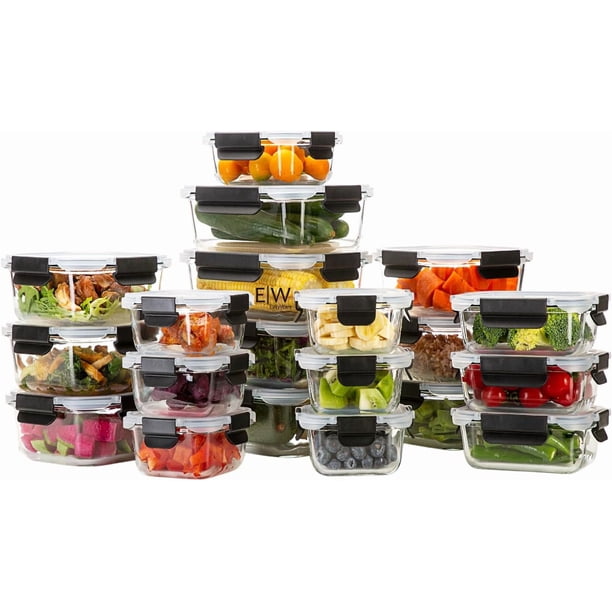 JUEGO DE RECIPIENTES DE VIDRIO HERMÉTICO, CONTENEDORES Para Alimentos con Tapas Cierre Fácil, Refractarios para Cocina, Horno, Refrigerador Congelador (JUEGO 10 RECIPIENTES (20 PZ))