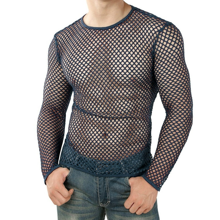 Men's Fishnet Shirt Fashion Short Sleeve Round Neck Hollow Out Top Gym  Workout See Through Muscle Mesh Shirt (Black, M) at  Men's Clothing  store