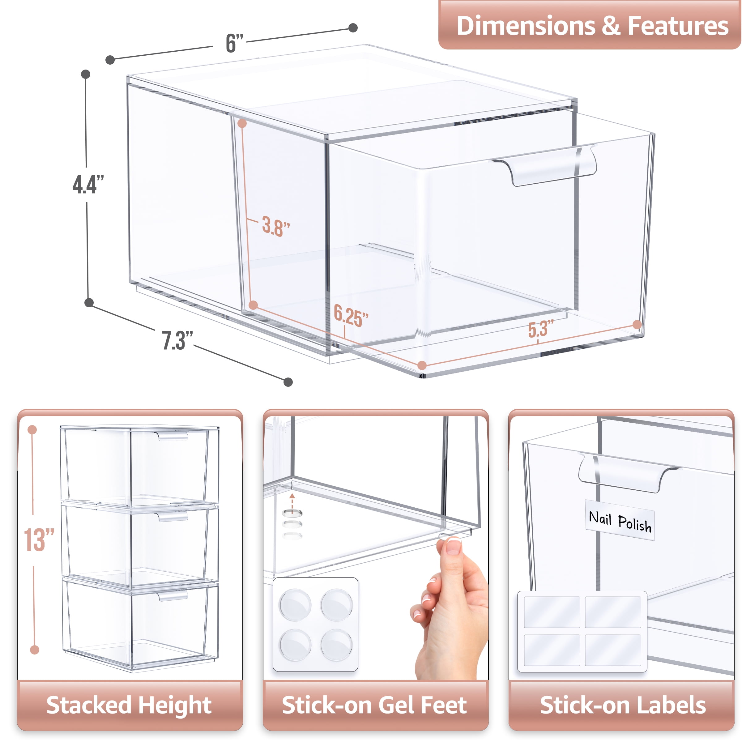 Sorbus 3-Pack Clear Acrylic Makeup Organizer – Stackable Plastic Drawer Storage Bins for Vanity, Bathroom, and Cosmetic Organization