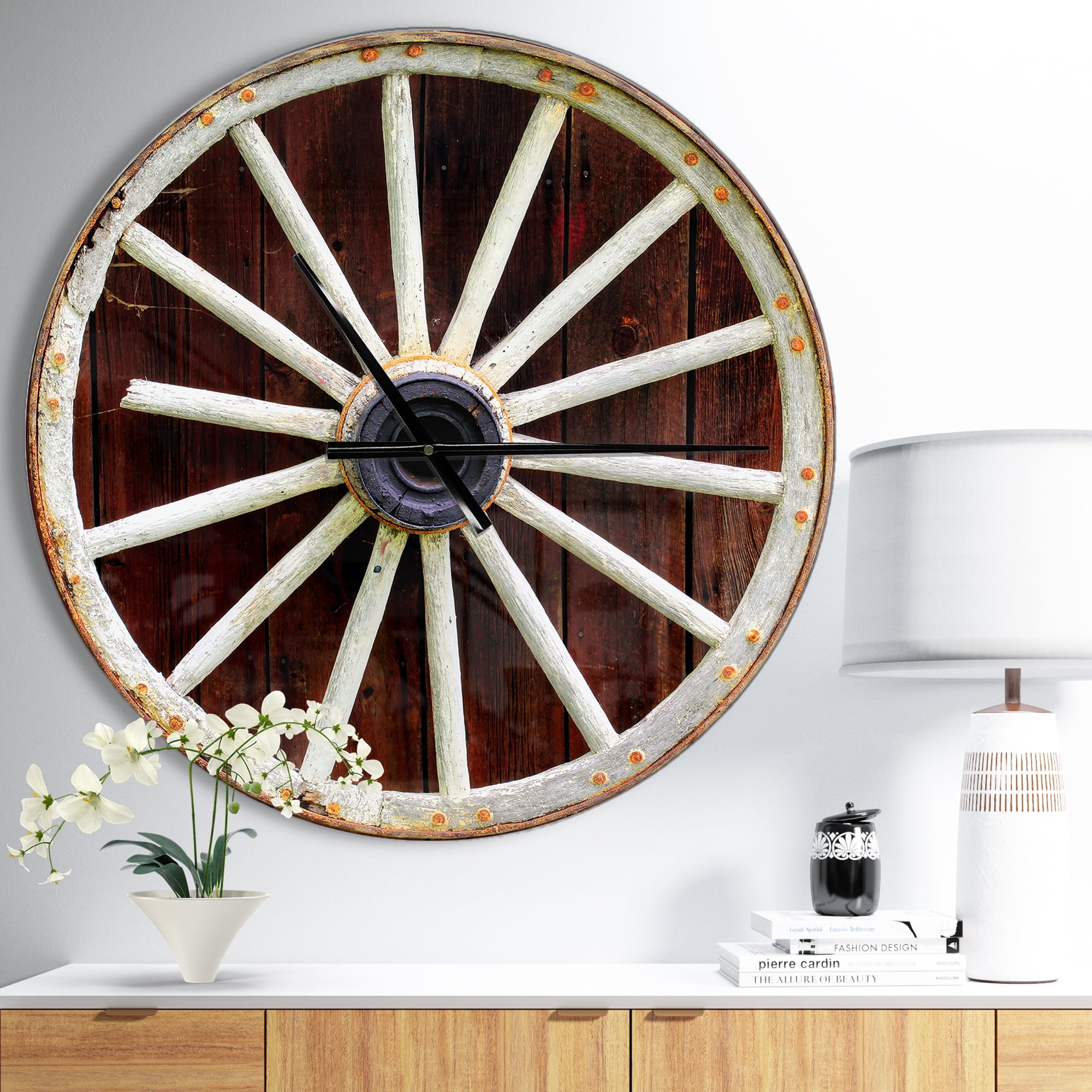 Designart 'Country Wagon Wheel on Wooden Wall Clock' Farmhouse wall clock
