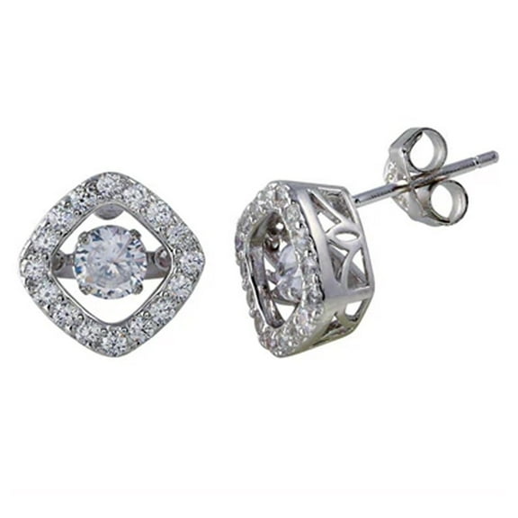 Sterling Silver .925 Earrings Square Dancing CZ Stud Rhodium Plated
