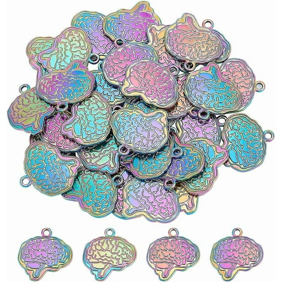 40Pcs 3D Brain Shape Pendant Anatomical Brain Charm Human Anatomy Pendant Rainbow Color Alloy Charm Dangle Charm Supplies