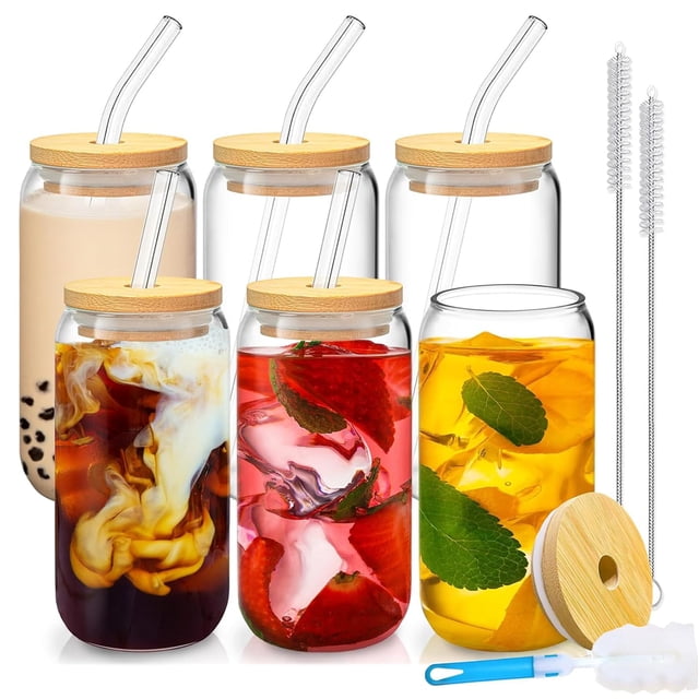 BIMENDOS Set de 6 Vasos Lata de Vidrio 16 oz con Tapa - Incluye Pajas de Vidrio y Cepillo para Limpieza - Para Bebidas, Smoothies, Café - Ideal para Regalo (6pcs)