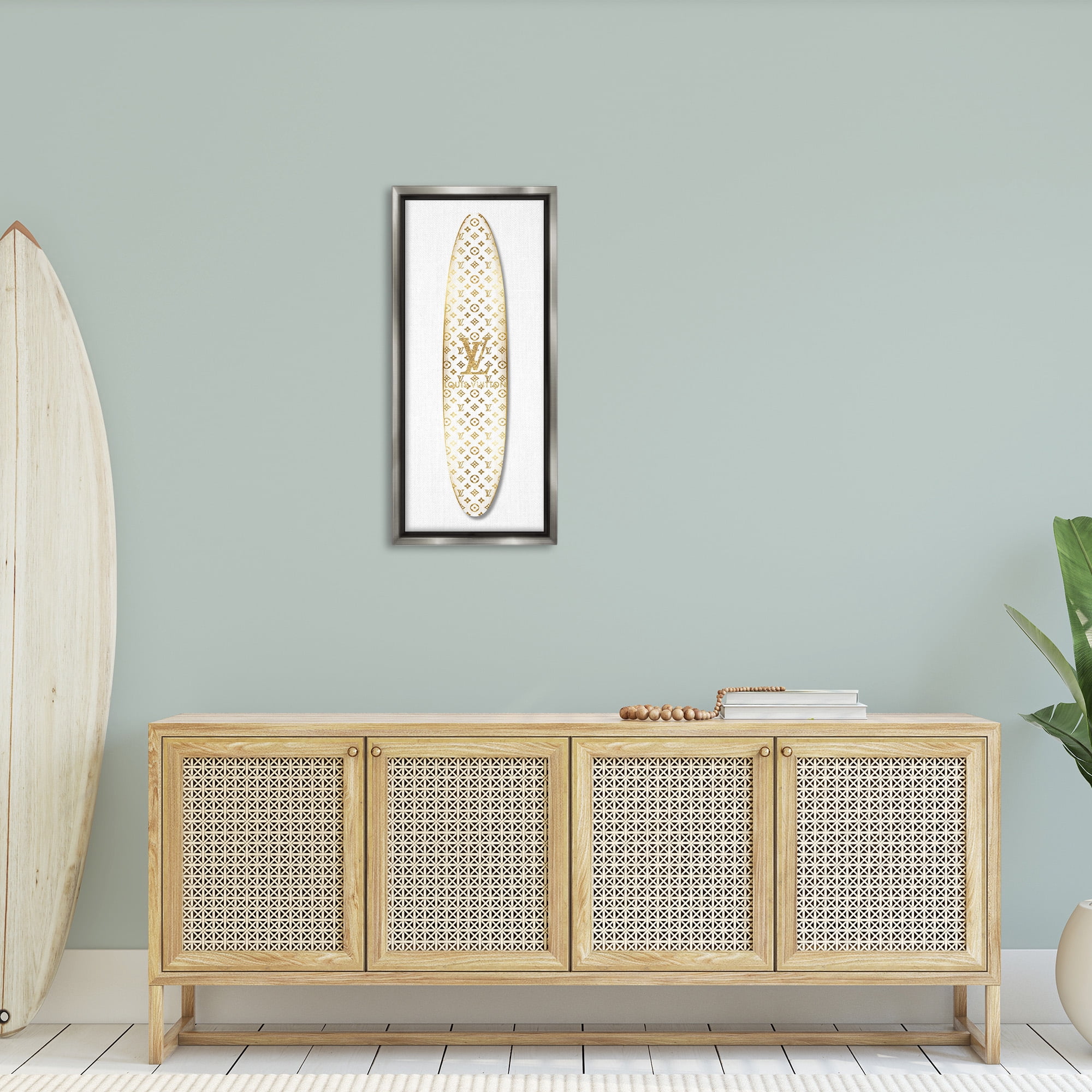 Stupell Industries Designer Patterned Surfboard Nature Painting Gray Floater Framed Canvas Art Print Wall Art, 14 x 31