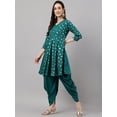thumbnail image 5 of Janasya Indian Women's Peacock Green Crepe Foil Print Kurta with Dhoti Pant, 5 of 9