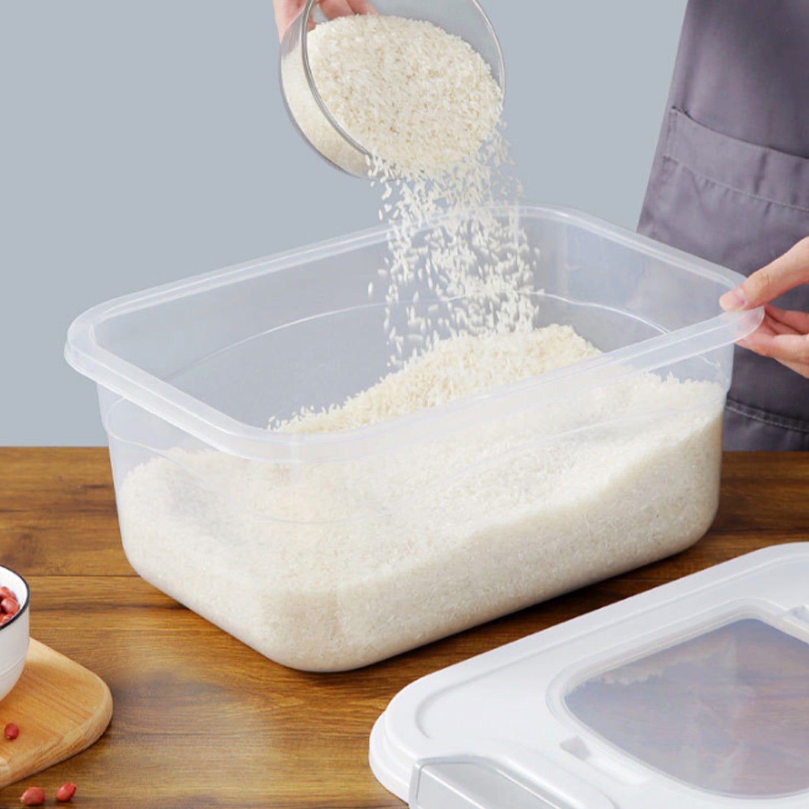 Clear Plastic Rice Storage Bucket with Lid, 10-Pound Capacity, Airtight & Insect-Proof Food Container for Flour, Grains & Dry Goods, Includes Measuring Cup