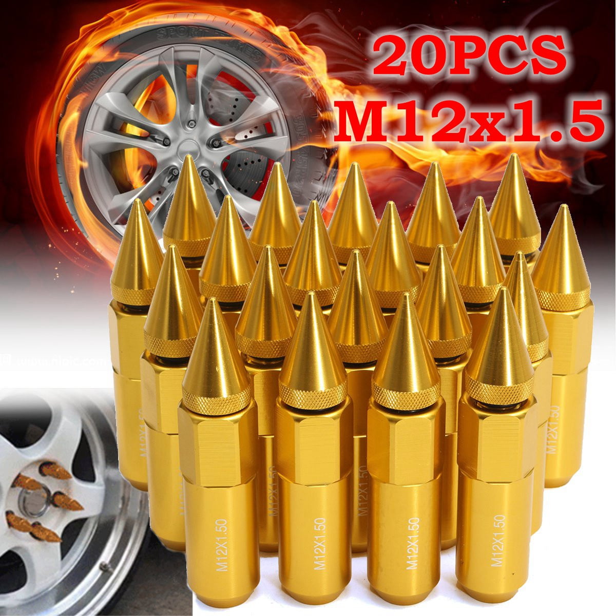 Red CarBole 60mm M12X1.5 Extended Tuner Racing Wheel Spiked Lug Nuts Extended Pack of 20