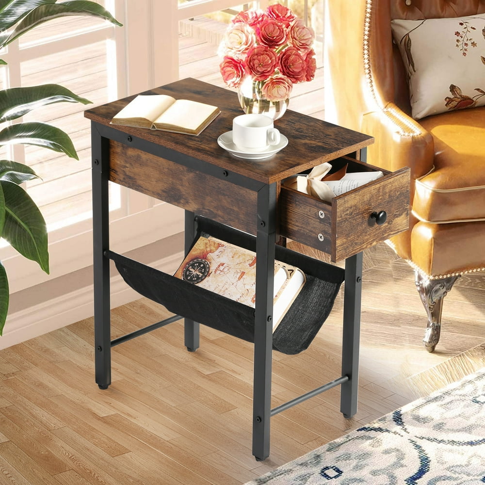 VECELO Narrow Nightstand, H Shape Side Sofa End Table with Drawer and