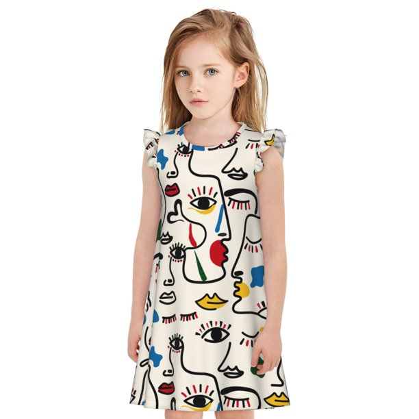 Fotbe Aabstract Eyes Vestido de Dormir para Niñas de 3 a 10 Años, Mangas Cortas, Estilo Princesa, Pijama Camisón con Mangas Voladas-XX-Large