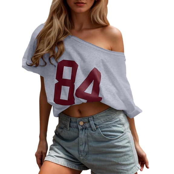Women's Off Shoulder Tee with Number Print , Slouchy Neck Short Sleeve Top, Casual Loose Fit T Shirt