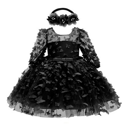 

QWZian Girls Dress Long Sleeve Flower Prints Birthday Princess Girl Wedding Dress For Clothes Headbands Sizes 6-12 Months