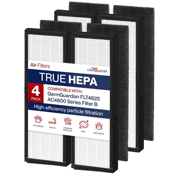FLT4825 Filter B Replacement Compatible with GermGuardian AC4825, AC4300, AC4900, AC4850, AC4800 Series Air Purifiers HEPA   Carbon Pre-Filter Set by LifeSupplyUSA (4-Pack)