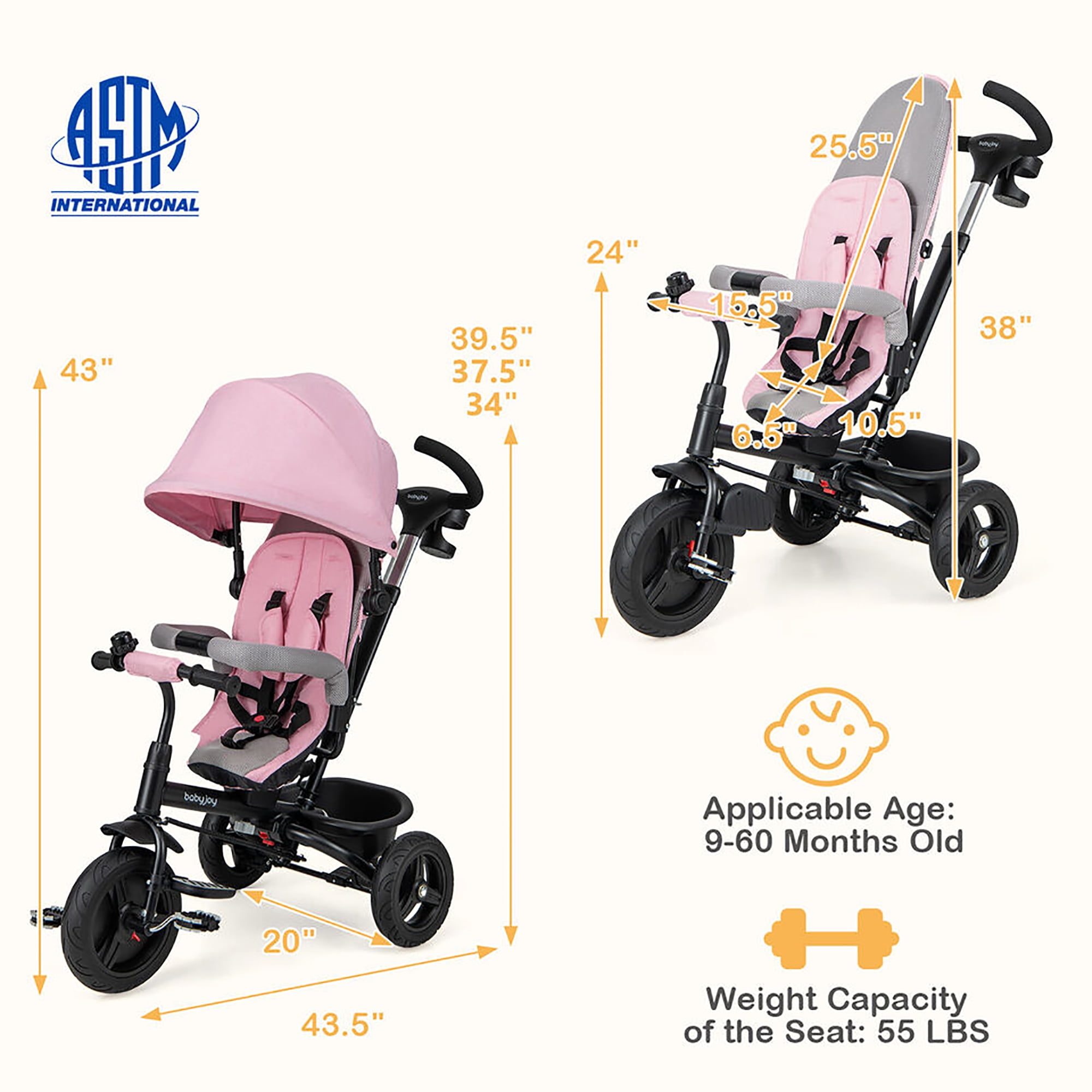 Gymax 4-in-1 Baby Tricycle Toddler Trike w/ Reversible Seat Canopy & Push Handle Pink