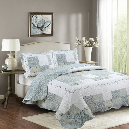 - Fancy Linen 3pc King Reversible Bedspread Floral White Blue Beige New # Isabelle