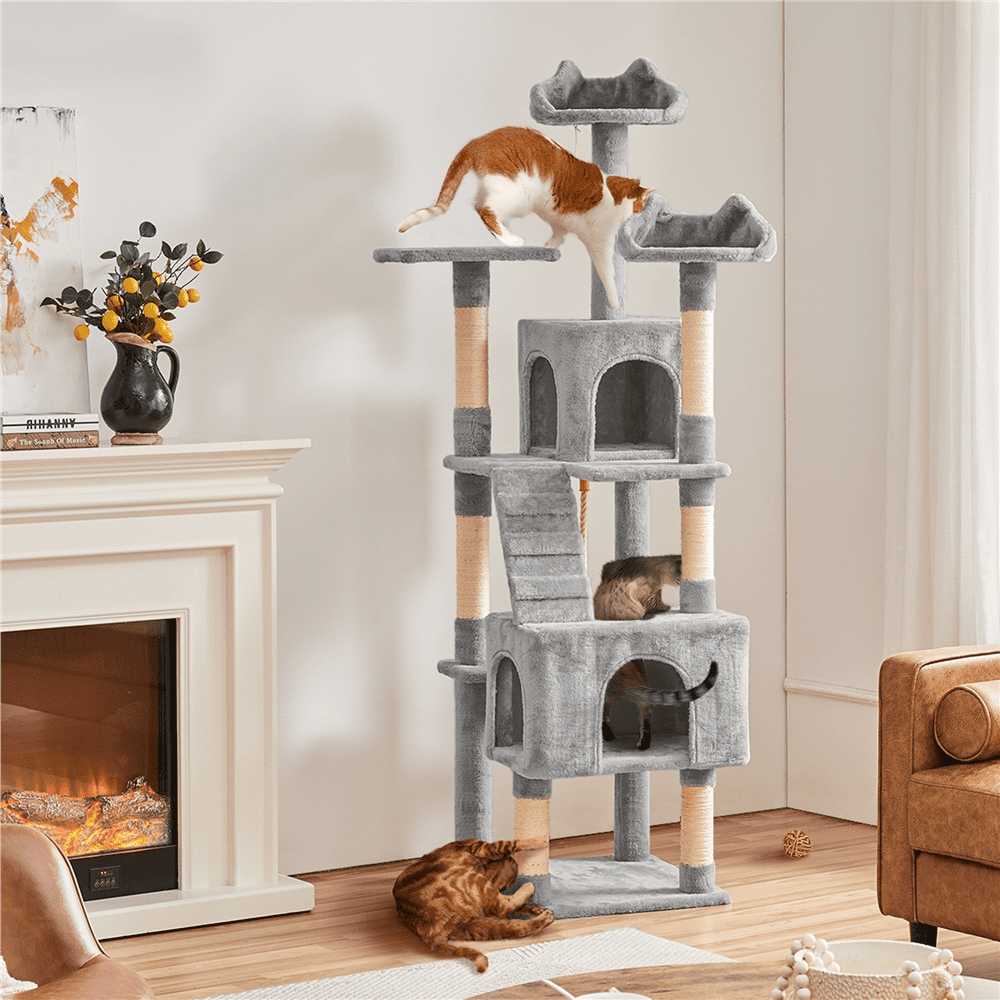Alden Design 72″ H Multi-Level Large Cat Tree with 2 Cozy Perches for Medium Cats, Light Gray