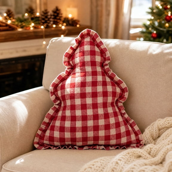 Vintage Checkered Christmas Tree Shaped Throw Pillow with Ruffled Edge, Soft Stuffed Cushion for Sofa Couch Bedroom Holiday Home Decor, Red Green, 14.6x13.8 in