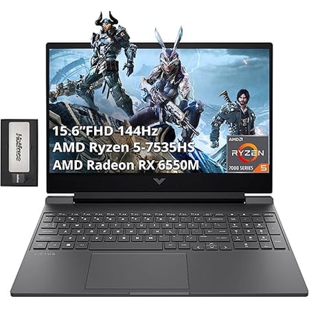 HP Victus 15.6" Gaming Laptop, FHD 144Hz IPS Display, AMD Ryzen 5-7535HS, 8GB DDR5 RAM, 512GB PCIe SSD, AMD Radeon RX 6550M, Backlit Keyboard, Win 11 Home, Silver, 256GB Docking Station Set