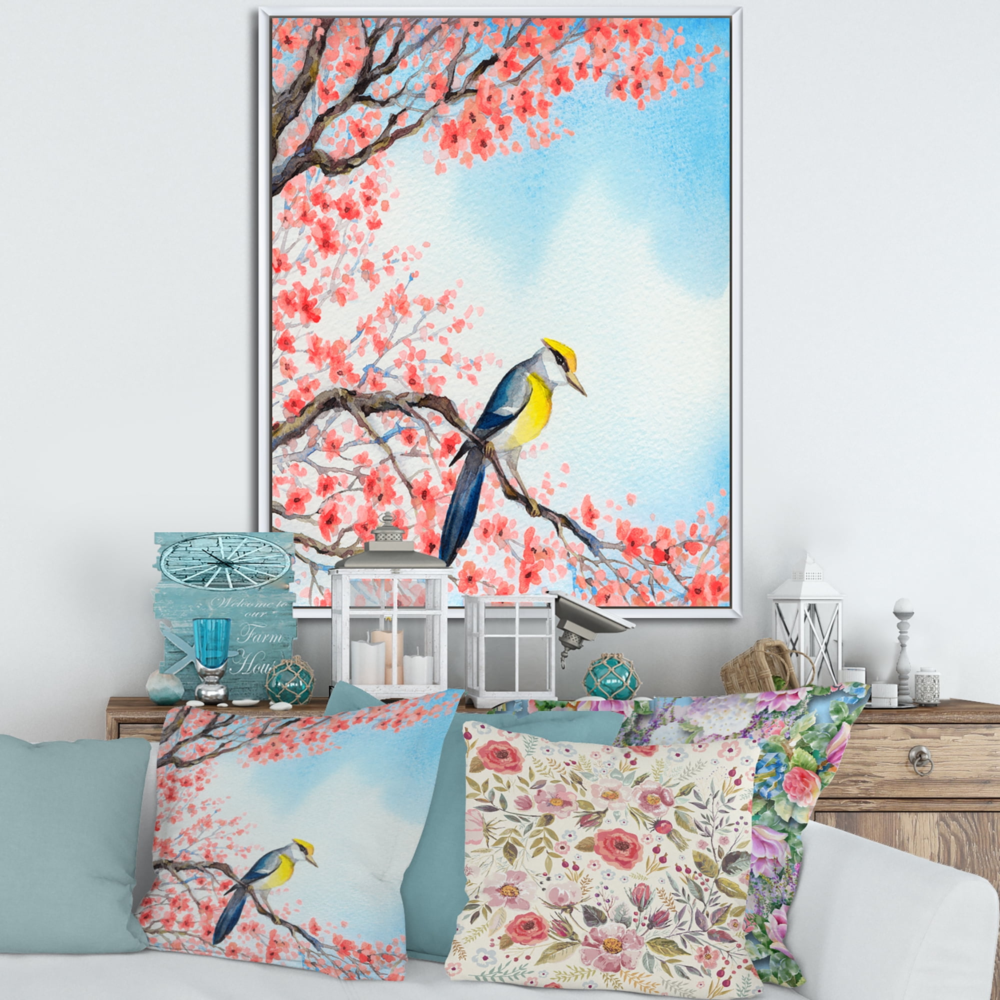 Designart 'Beautiful Red Bird Sitting On Flowering Branch I' Traditional Framed Canvas Wall Art Print