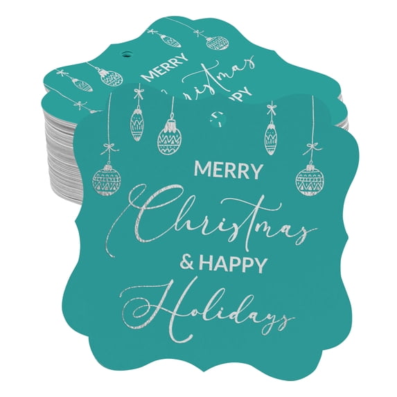 Inkdotpot Real Silver Foil Merry Christmas & Happy Text Tags Favor Bracket Shape Hang Pack Of 50 Paper Tags