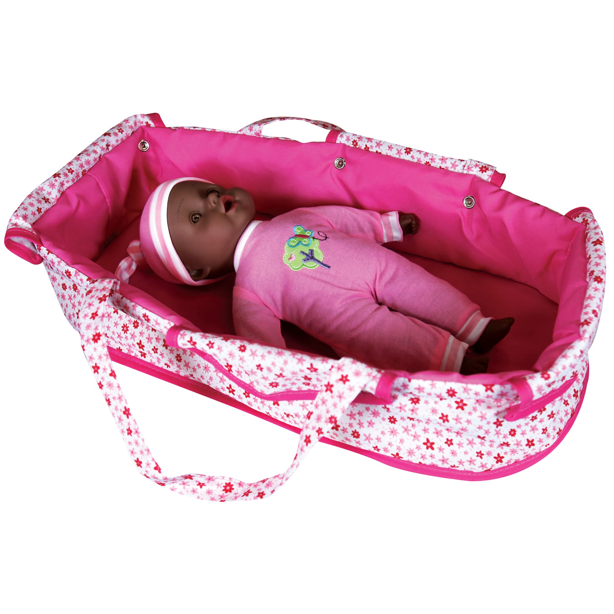 Lissi: Deluxe Pram & 13" African American Baby Doll - Pink - Floral Design Push Stroller, Removable Cot & Storage Basket, Feeding Accessories, Kids 3+