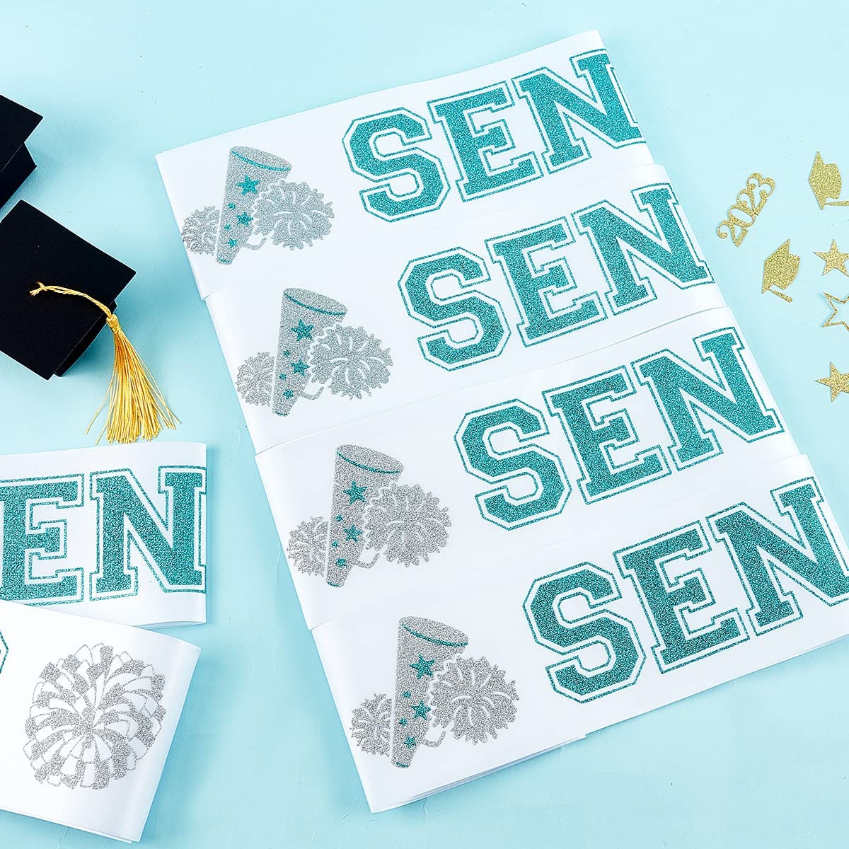 6 Pack Senior 2023 Sash, White Senior 2023 Satin Sashes with Teal and