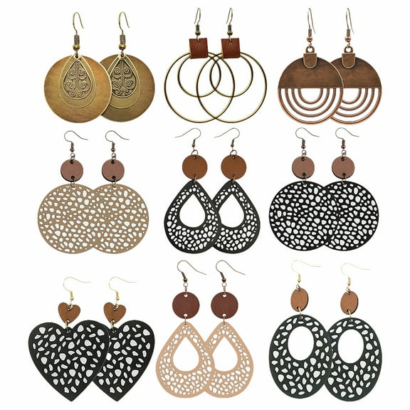 Qianfeng 9 Pairs of Bohemian Vintage Pendant Earrings, Openwork Drop Earrings, Metal-Leather and Wood Earrings