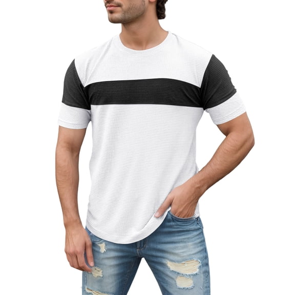 IWRICH Men's Short Sleeve Tee Color Block Crew Neck Pullover Casual Basic Shirts White XL